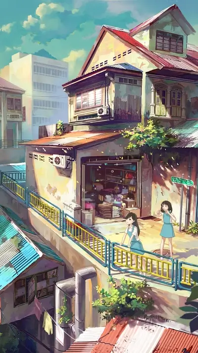 Two girls in blue dresses enjoying bubble time on street lined with old buildings