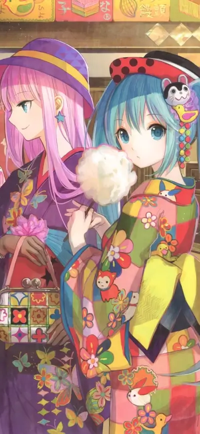 Two girls in colorful kimonos