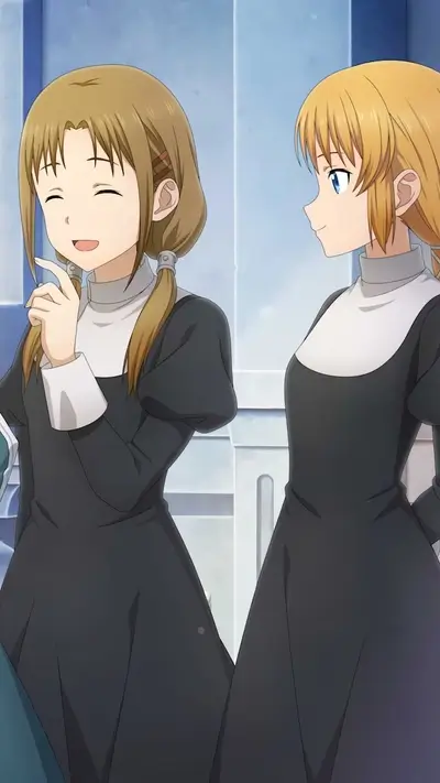 Two girls in dark dresses, one smiling
