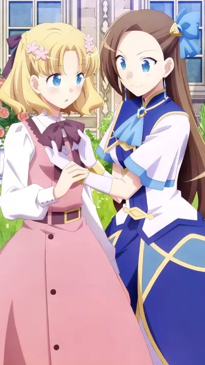 Two girls in elegant dresses, garden setting