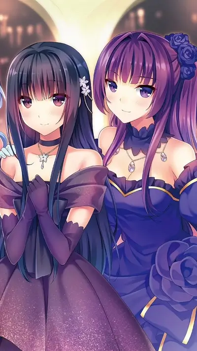 Two girls in elegant purple dresses
