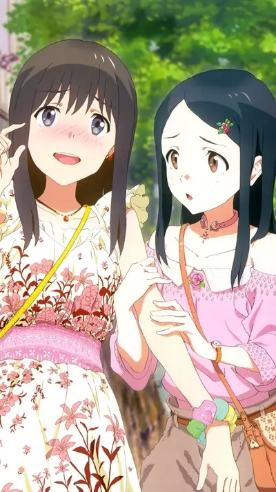Two girls in floral outfits, anime-style art, warm expressions