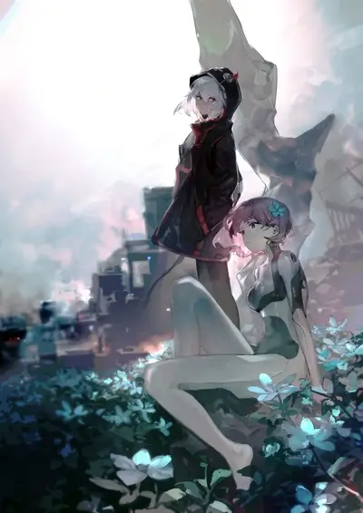 Two girls in futuristic clothing, sitting amidst flowers