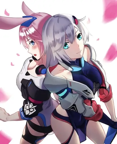 Two girls in futuristic outfits, pink petals falling