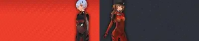Two girls in futuristic suits, one on a red background, the other on a dark gray