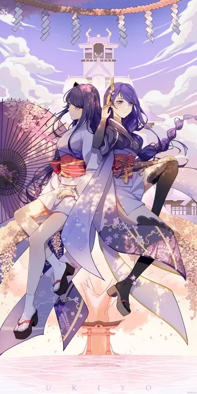 Two girls in kimonos near a Japanese temple