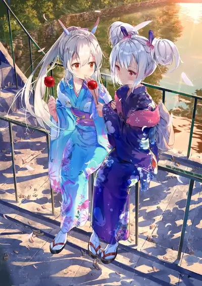 Two girls in kimonos on a bridge, enjoying candy apples
