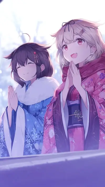 Two girls in kimonos praying in winter