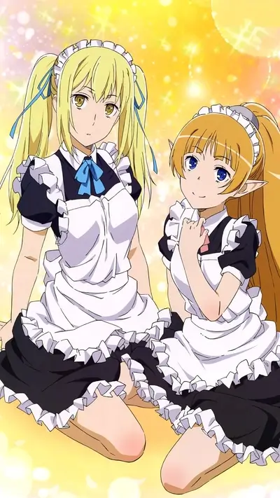 Two girls in maid outfits, blonde hair, one with elf ears