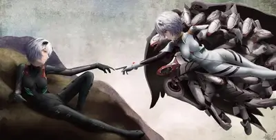 Two girls in mecha suits reaching out to each other