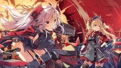 Two girls in red and gray outfits with guns and ships
