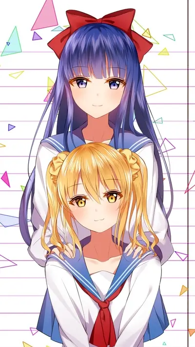 Two girls in sailor uniforms, one with blue hair and one with blonde hair