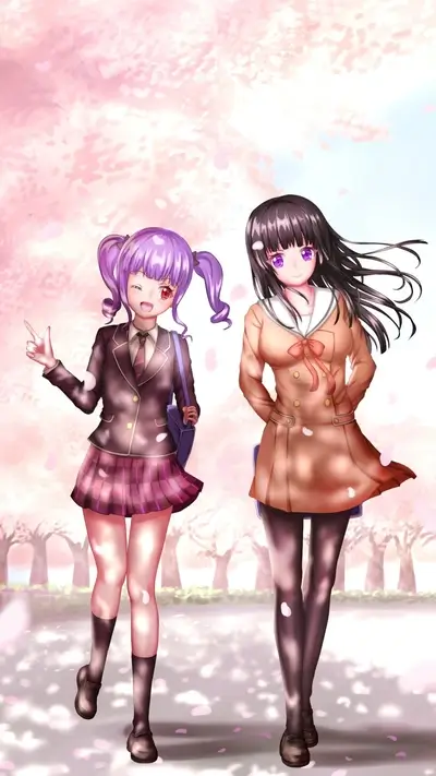 Two girls in school uniform walk under cherry blossom trees