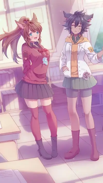 Two girls in school uniforms, cat ears