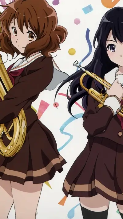 Two girls in school uniforms holding musical instruments
