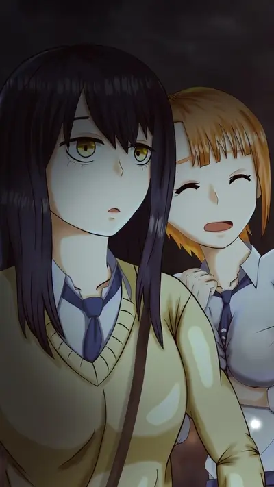 Two girls in school uniforms look pensive, one anxious, other smiling.