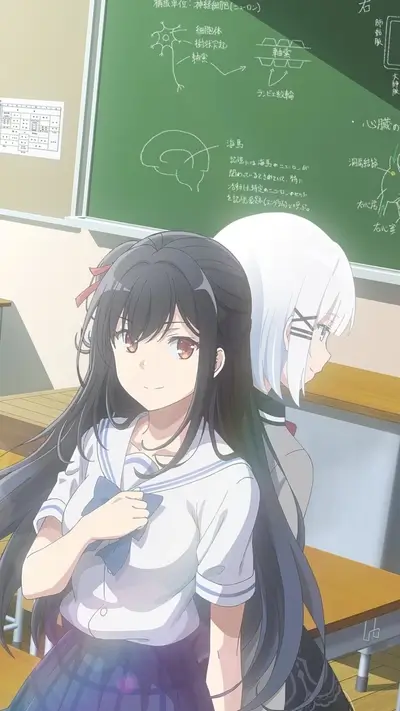 Two girls in school uniforms near a blackboard