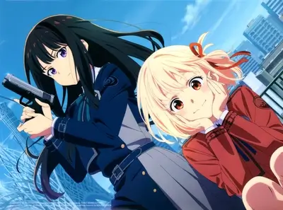 Two girls in school uniforms, one holding a gun