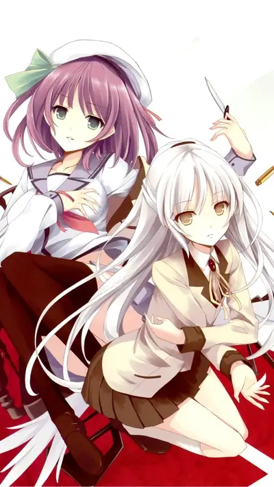 Two girls in school uniforms, one holding a knife