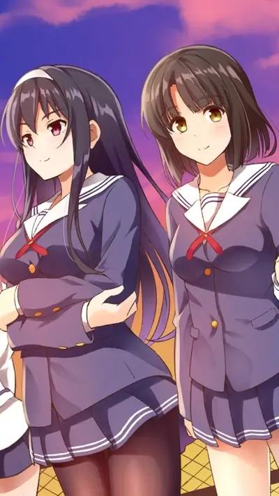 Two girls in school uniforms, sunset background