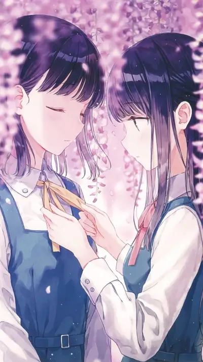 Two girls in school uniforms under wisteria flowers
