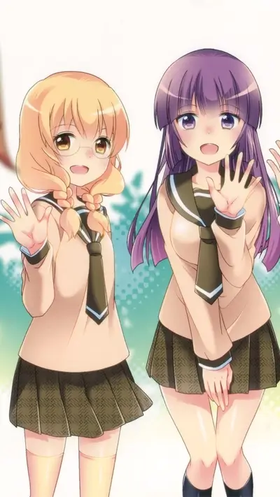 Two girls in school uniforms waving