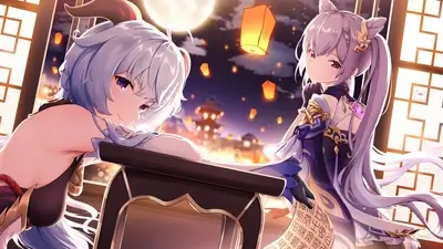 Two girls in traditional Asian attire, lanterns in the background