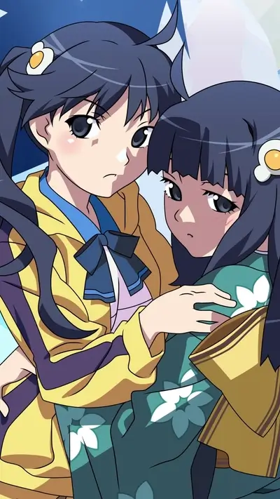 Two girls in traditional clothing embracing