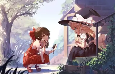 Two girls in traditional Japanese clothing, one in a witch hat