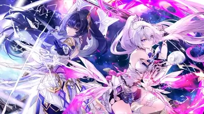 Two girls in white and purple outfits wielding glowing swords