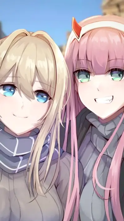 Two girls in winter clothes, smiling together