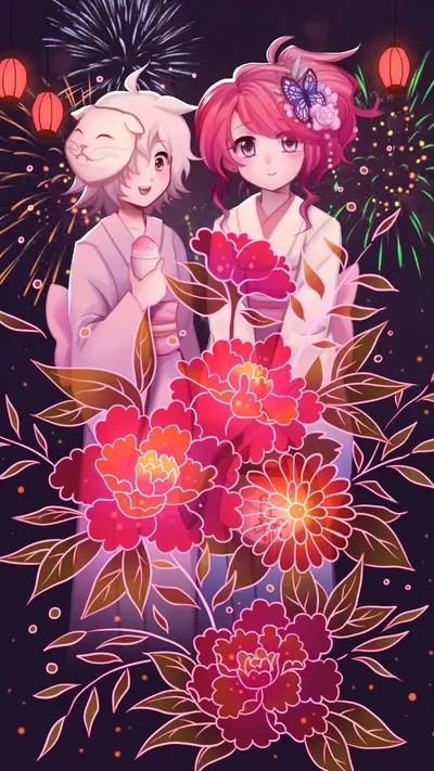 Two girls in yukatas during a fireworks display