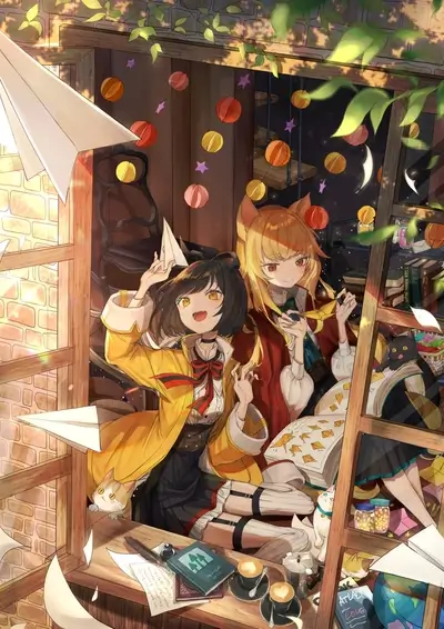 Two girls making origami in a cozy room