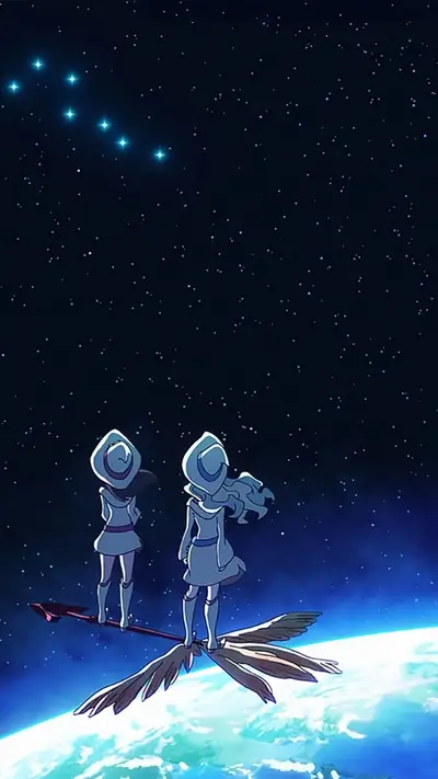 Two girls on a giant arrow flying above Earth