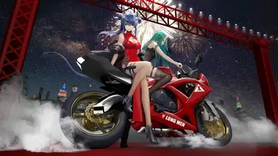 Two girls on a motorcycle at night