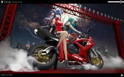 Two girls on a motorcycle under a starry night sky