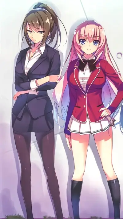 Two girls, one in a business suit and one in a school uniform