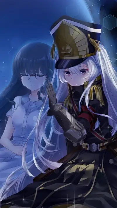 Two girls, one in a military uniform, the other in a dress, stand together under a moonlit night sky