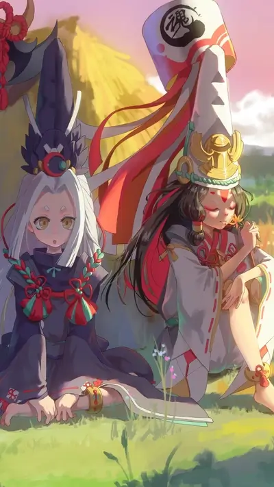 Two girls resting near a haystack in a serene landscape
