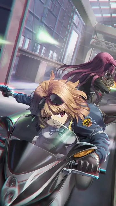 Two girls riding a motorcycle in a futuristic city