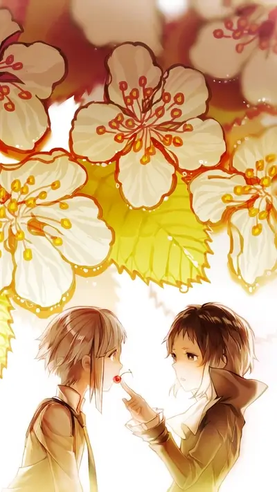 Two girls sharing a cherry under cherry blossoms