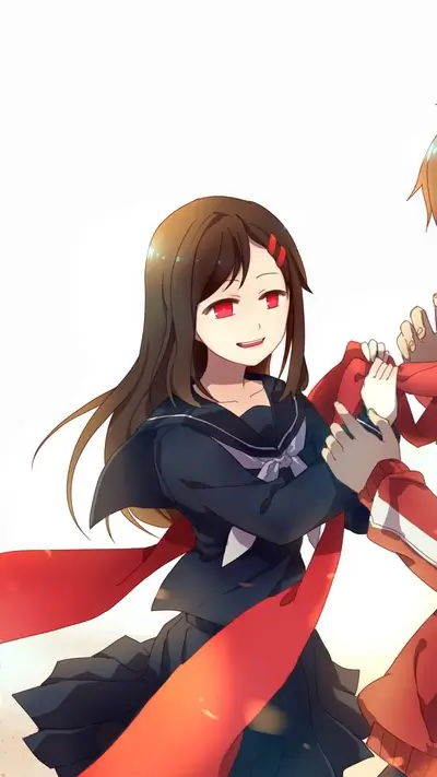 Two girls sharing a red scarf, one in a sailor uniform