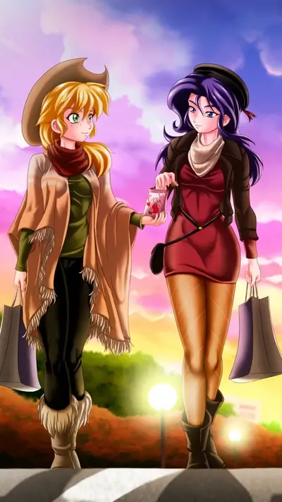 Two girls shopping at sunset