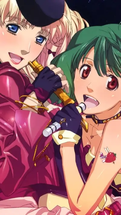 Two girls singing with a golden microphone