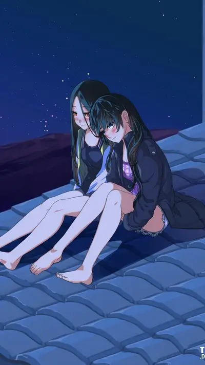 Two girls sitting on a rooftop under the night sky