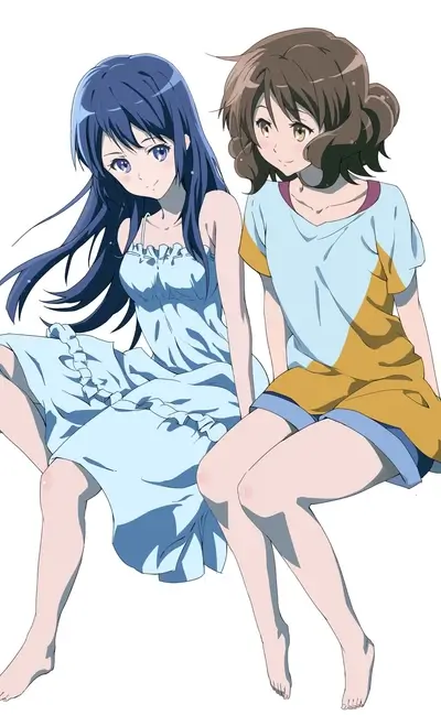 Two girls sitting together, one in a blue dress, one in a yellow shirt