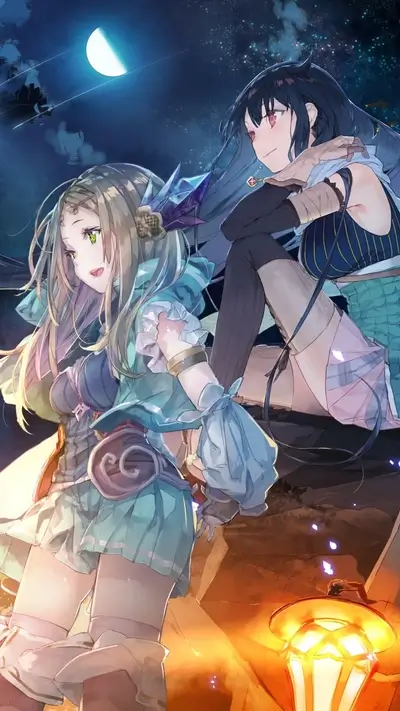 Two girls sitting together under the moon