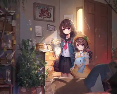 Two girls standing in a cluttered room