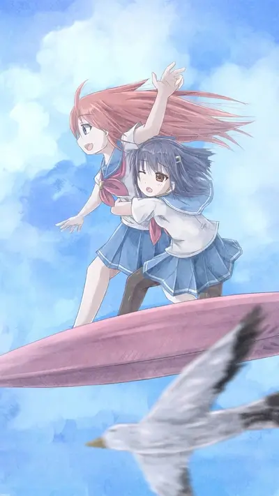 Two girls surfing on a pink surfboard