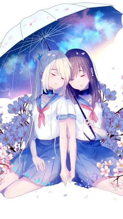 Two girls under a starry umbrella
